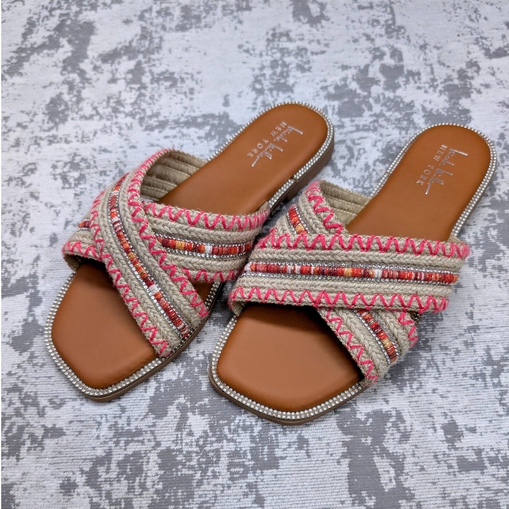 Nicole Miller NEW YORK Women's Kresty Embellished Slide Sandals Pink Tan Size 9